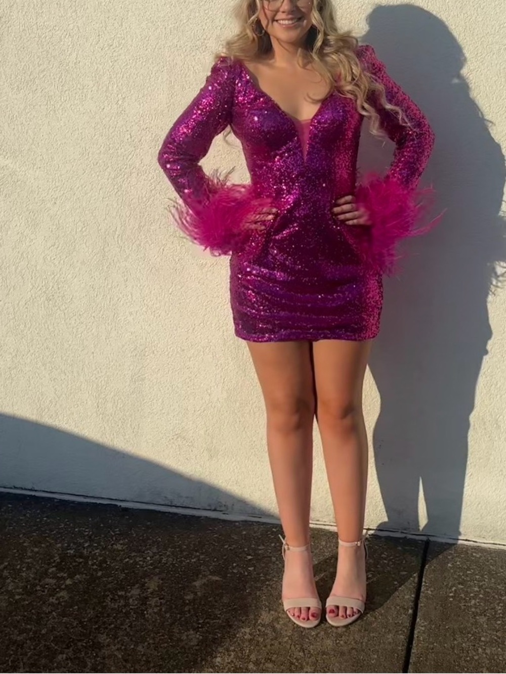 Sequin Feather Cuff Mini Dress in Fuchsia